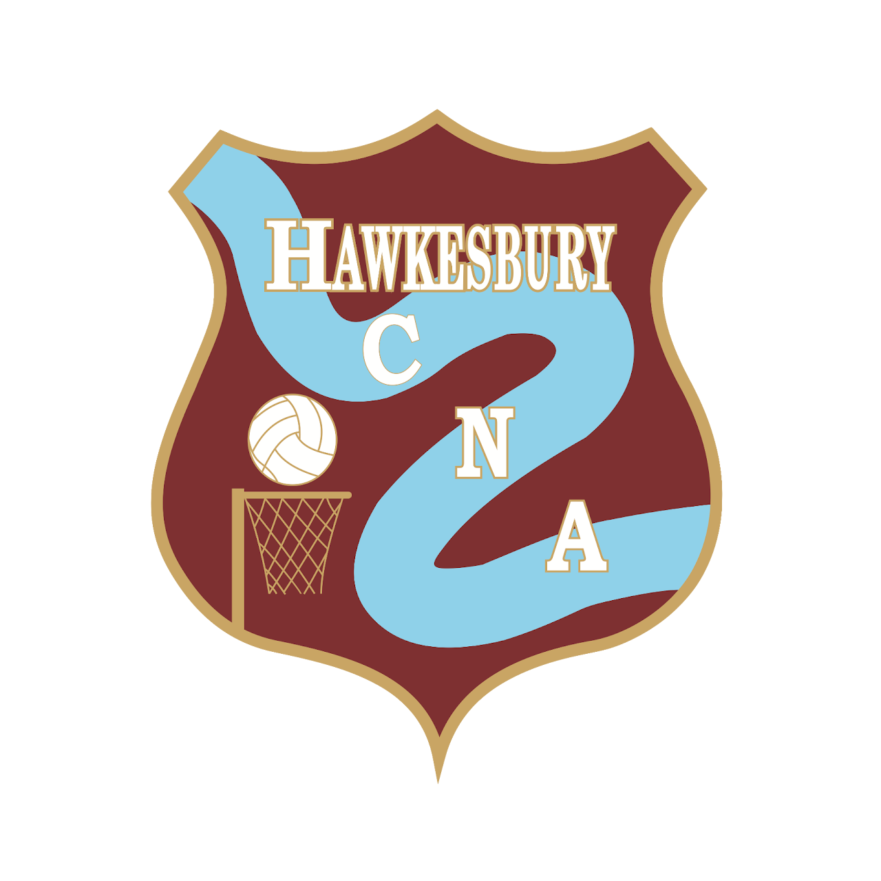 Hawkesbury CNA shield logo in maroon, light blue, gold, and white with a volleyball, hoop, and letters
