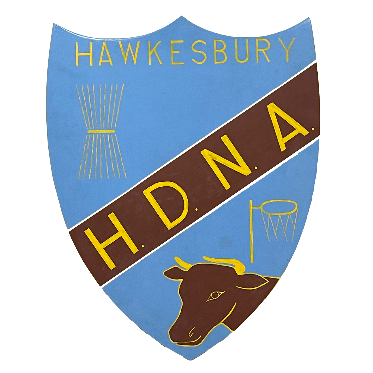 Hawkesbury H.D.N.A. crest on blue shield with brown diagonal band and yellow lettering