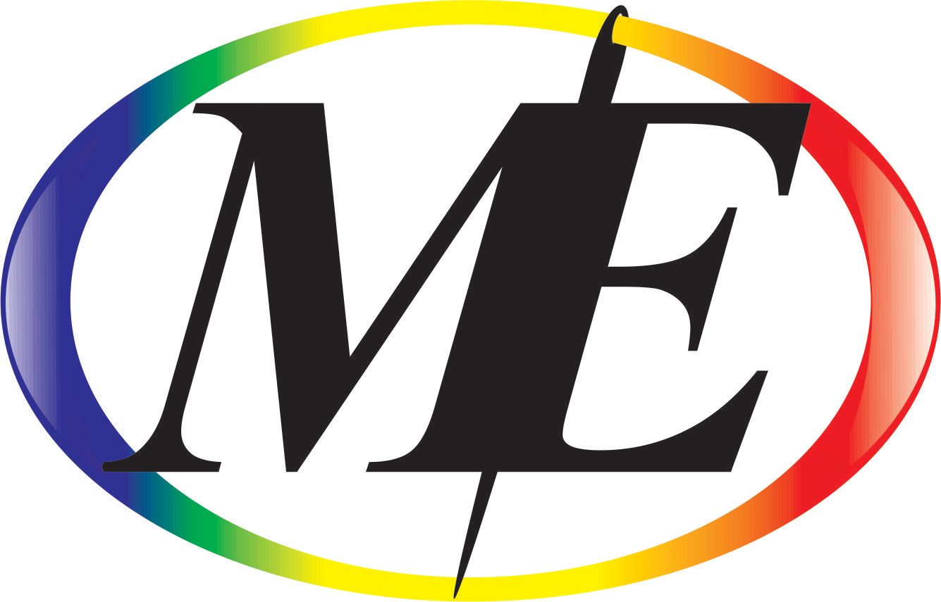 Stylized black “ME” letters inside a rainbow oval logo on a white background