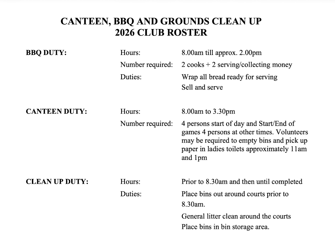 White poster listing 2026 club canteen, BBQ, and grounds clean-up duties with times and names