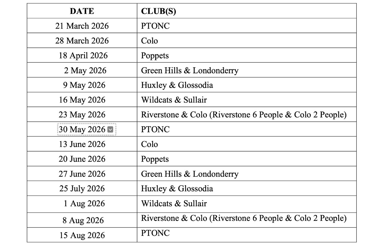 Table of dates and clubs for March–August 2026, with rows including PPT/CC, Pops, and Gram gilles & Lycée?