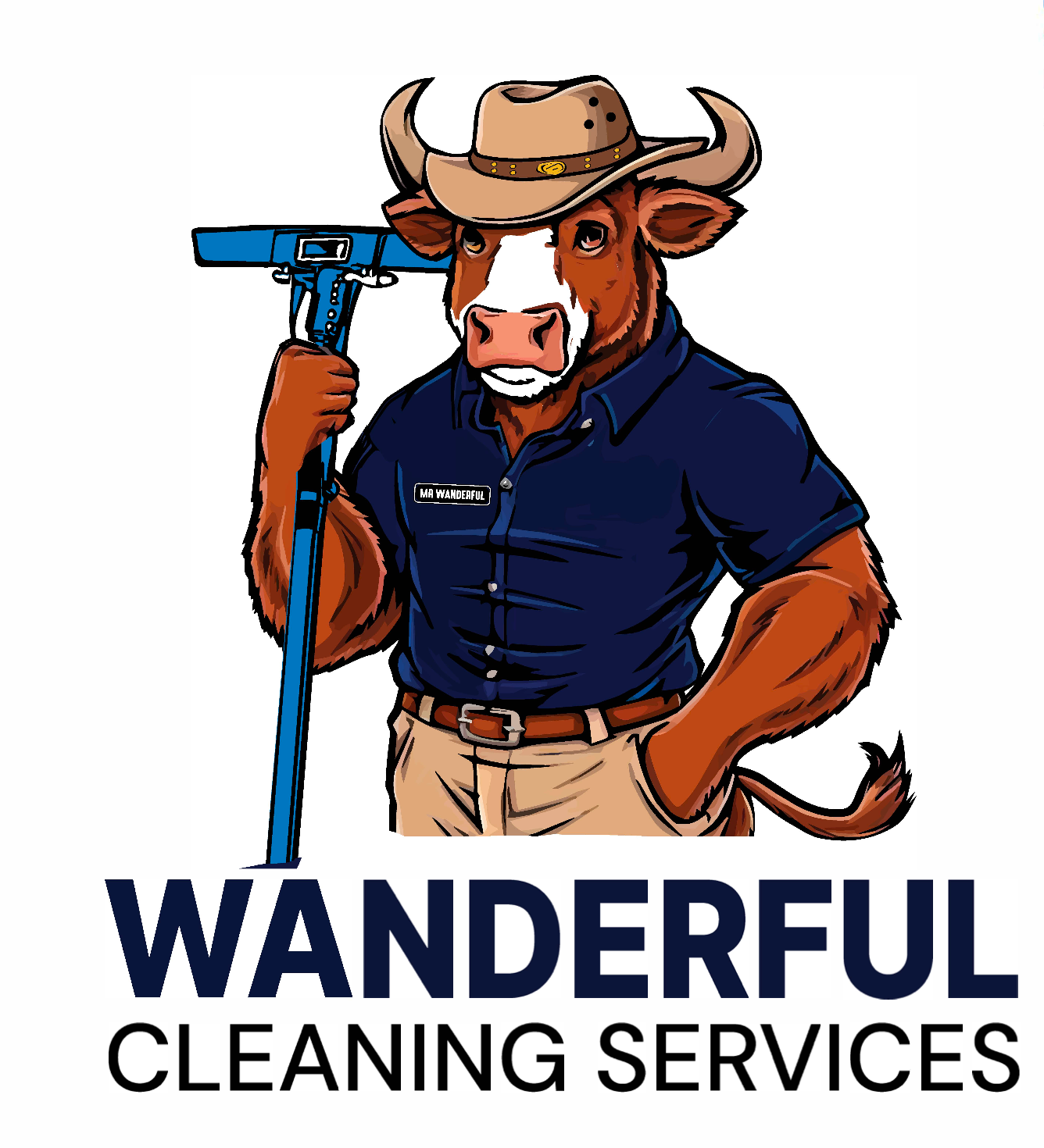 Cartoon cowboy holding a mop with “WANDERFUL CLEANING SERVICES” text logo