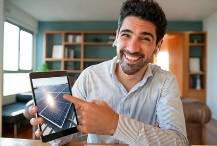 Smiling person pointing at a tablet displaying solar panels in a bright living room