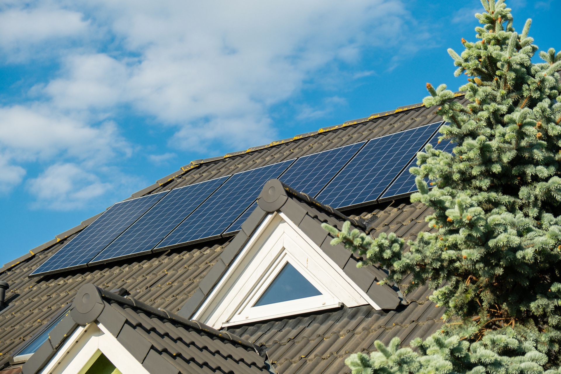 Roof with solar panels beside a pine tree under a blue sky with clouds