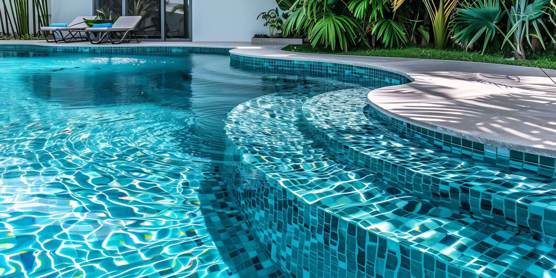 A large swimming pool with a waterfall in the backyard