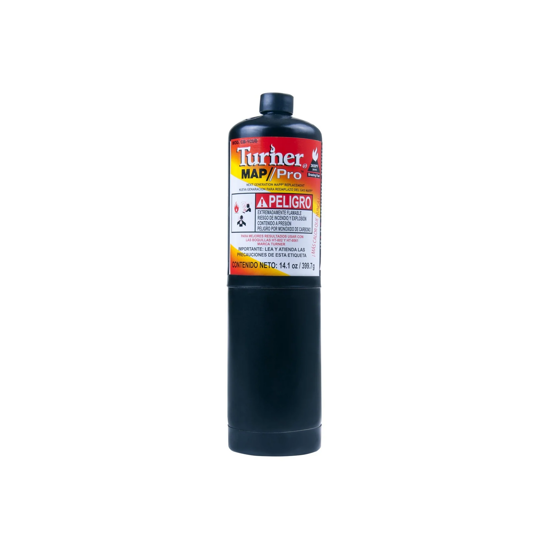 Una botella de gas turber vapor pro sobre un fondo blanco.