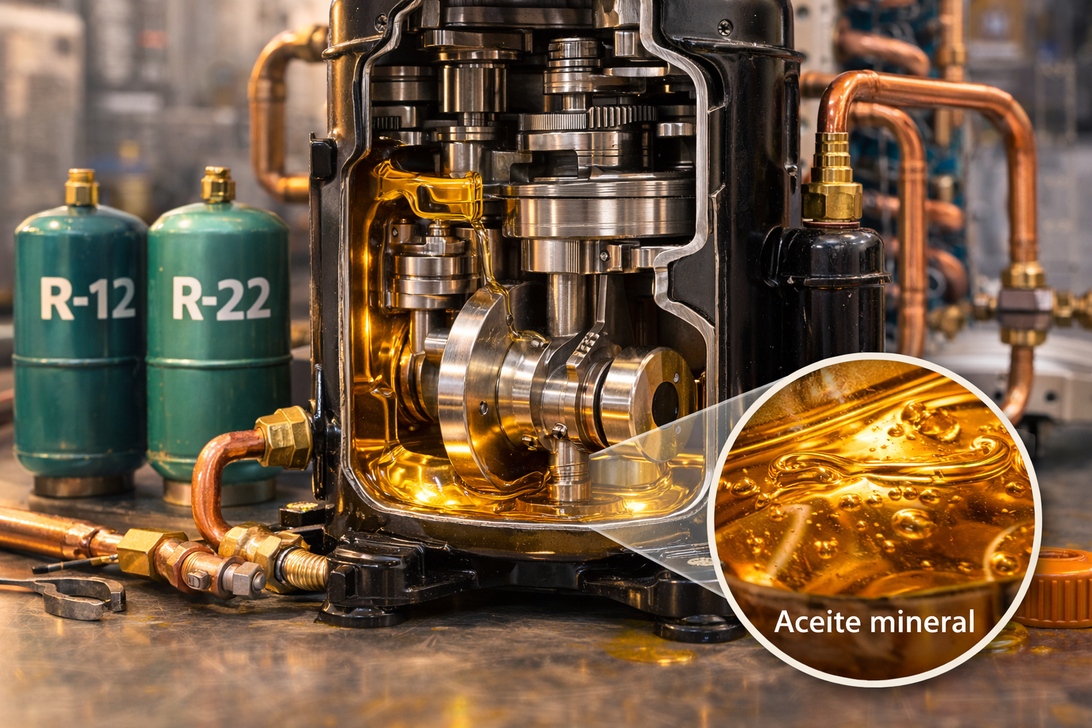 Compresor de aire acondicionado en vista de corte con aceite mineral lubricando sus componentes internos, mostrando dónde se aloja este lubricante y cómo protege las piezas mecánicas en sistemas HVAC tradicionales.