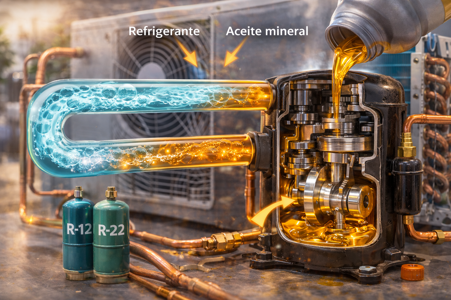 Ilustración del aceite mineral circulando junto al refrigerante y regresando al compresor en un sistema de aire acondicionado, mostrando su papel en la lubricación, el retorno de aceite y la protección de componentes internos en HVAC.