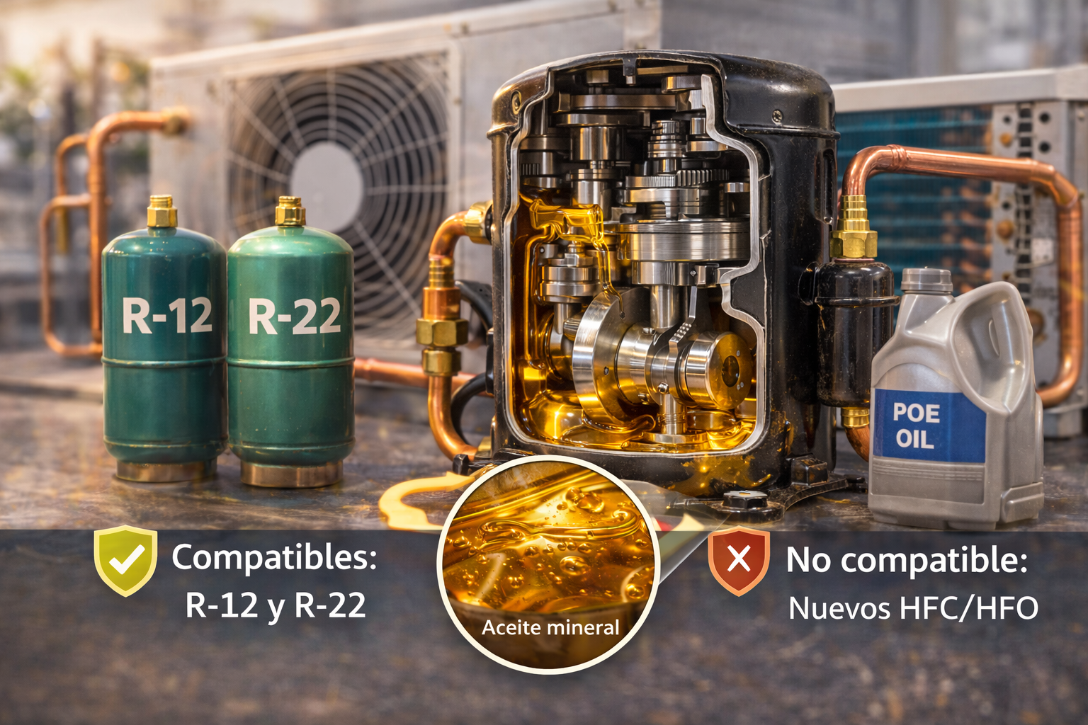 Compresor de aire acondicionado con aceite mineral junto a refrigerantes tradicionales como R-12 y R-22, mostrando su compatibilidad en sistemas HVAC antiguos y su diferencia frente a aceites modernos usados con nuevos refrigerantes.