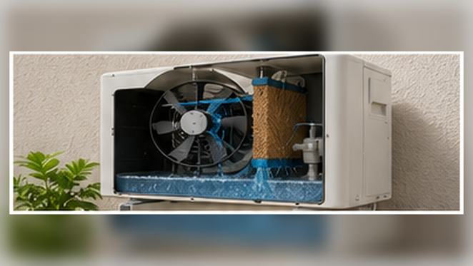 Interior de un enfriador evaporativo con ventilador, panel húmedo, depósito y distribución de agua utilizados para producir aire lavado.