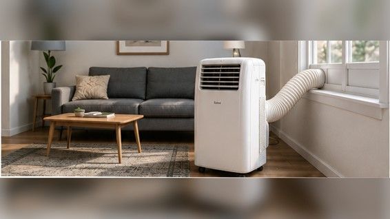 Aire acondicionado portátil instalado en una sala, con manguera de expulsión hacia una ventana