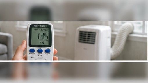 Medidor de consumo eléctrico conectado para verificar la potencia de un aire acondicionado portátil durante su operación en modo frío