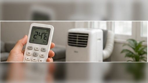 Control remoto configurado a una temperatura moderada para reducir el consumo de un aire acondicionado portátil sin perder confort.
