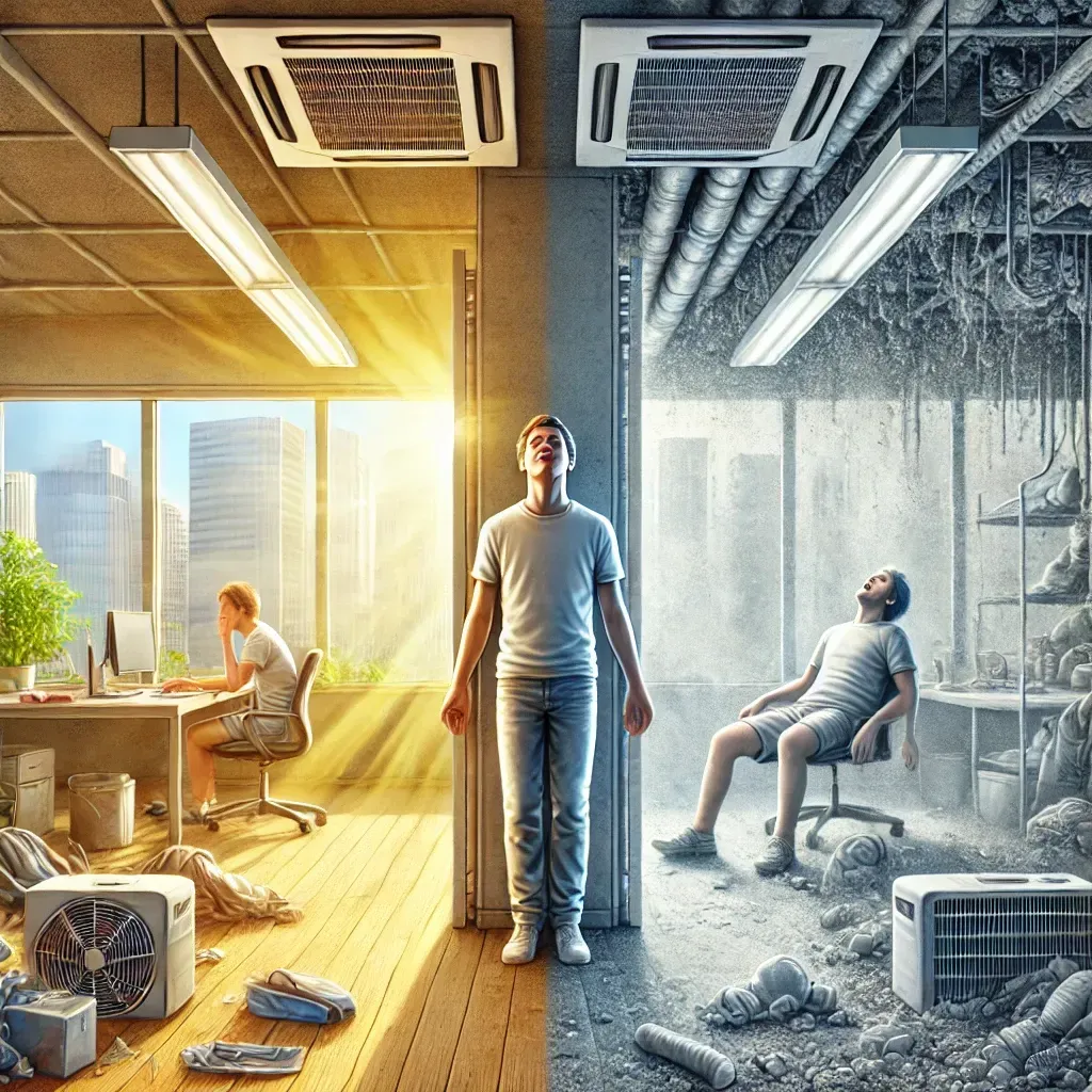 Se muestra un espacio bien ventilado y luminoso que promueve el bienestar, contrastado con un entorno oscuro y mal ventilado que afecta negativamente la salud.