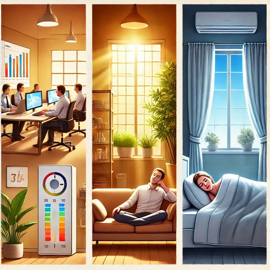 dividida en tres secciones: productividad en una oficina, salud en un entorno equilibrado, y descanso en una habitación acogedora