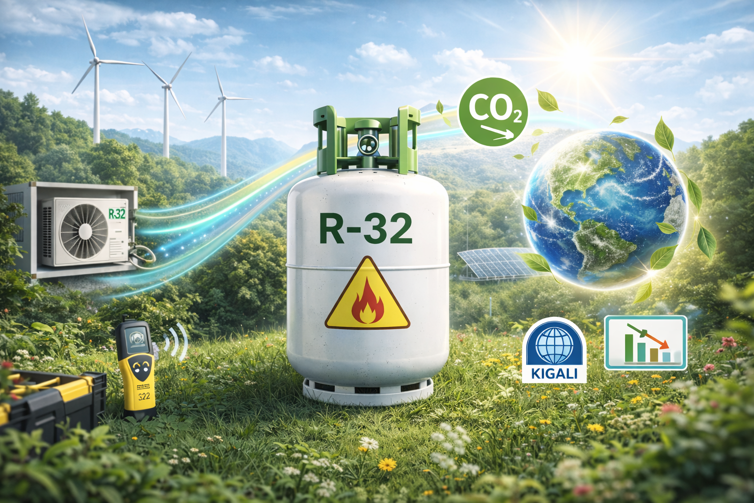 Ilustración del refrigerante R-32 destacando su bajo impacto ambiental, menor potencial de calentamiento global (GWP), reducción de emisiones de CO₂ y compatibilidad con energías limpias en sistemas HVAC modernos.