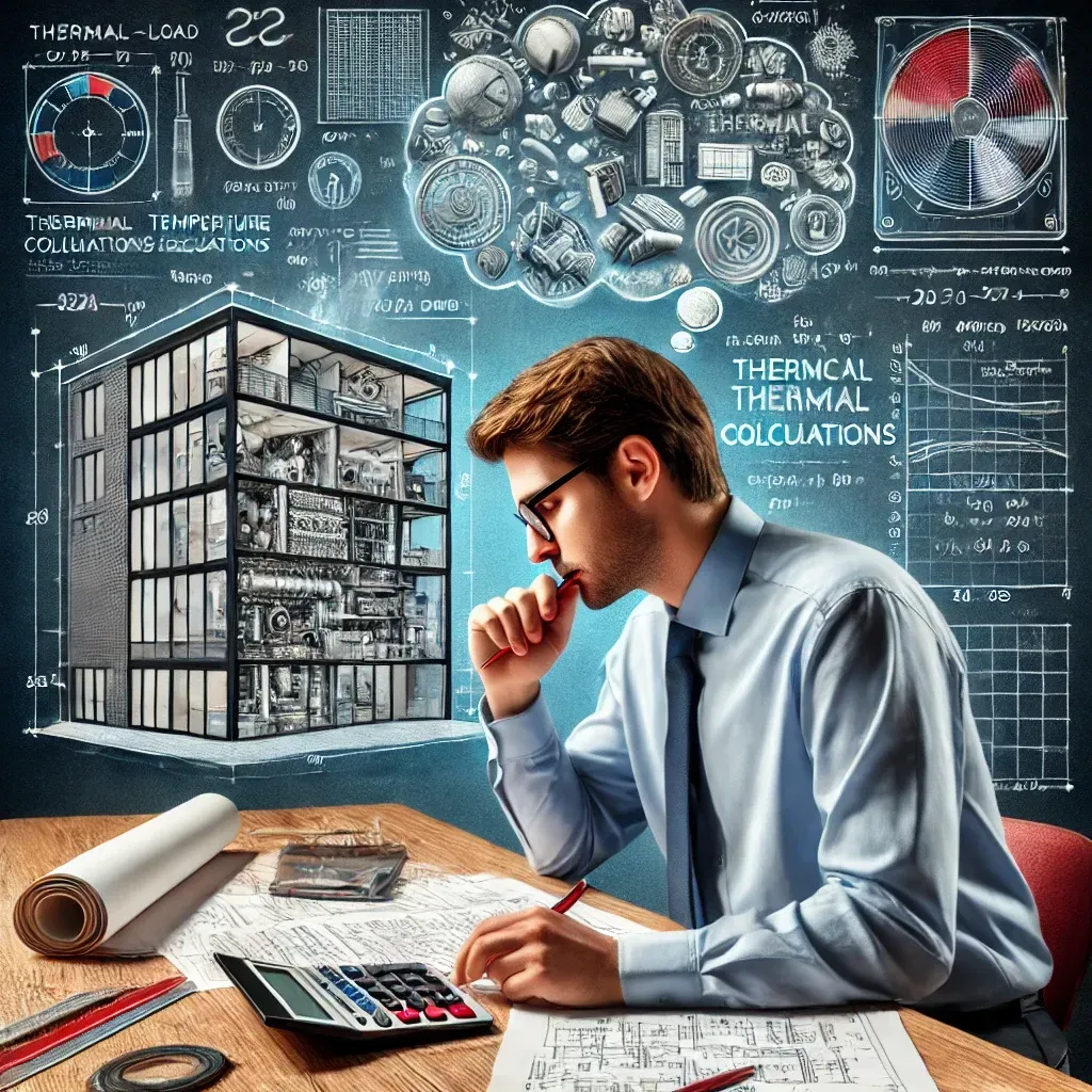 Un ingeniero en su escritorio, concentrado realizando cálculos, con sus pensamientos mostrando conceptos relacionados con el cálculo de cargas térmicas.