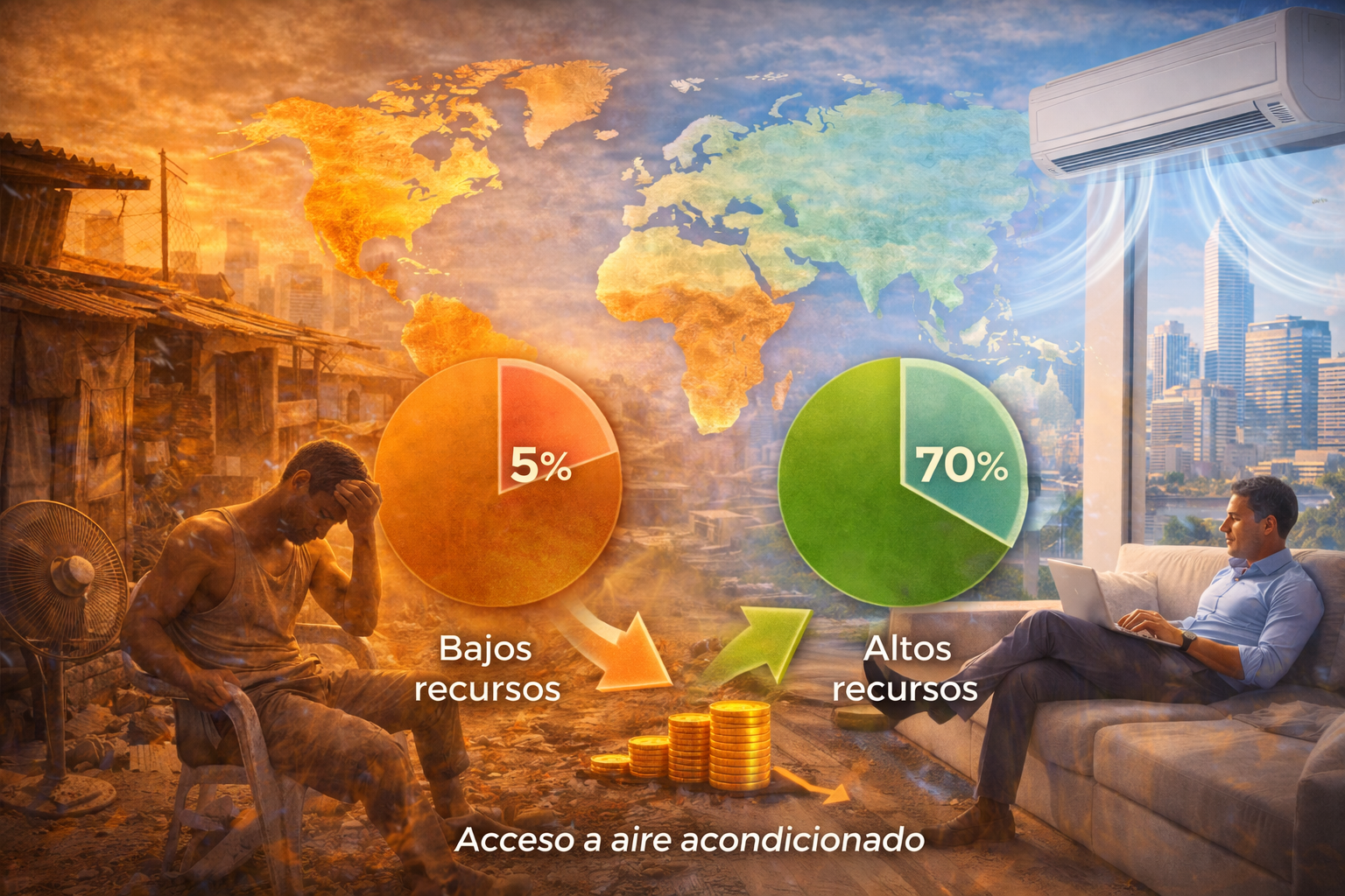 Ilustración comparativa del acceso al aire acondicionado entre hogares de bajos y altos recursos en regiones cálidas del mundo, mostrando cómo la desigualdad energética y el acceso al enfriamiento influyen en bienestar, salud y desarrollo económico.