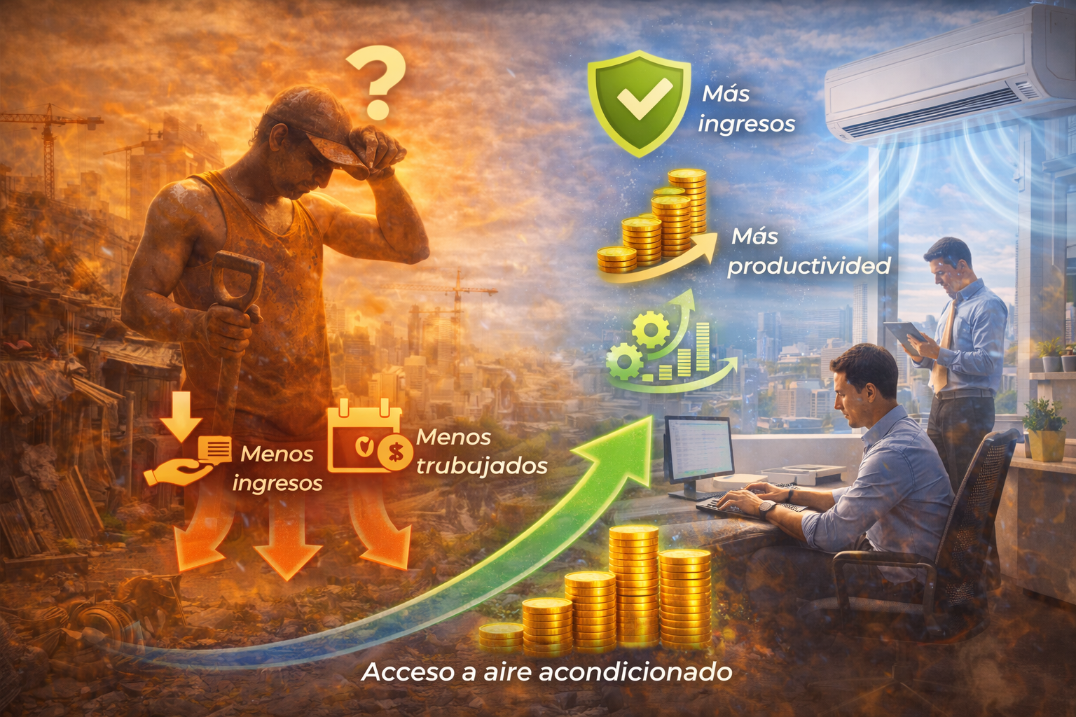 Comparación visual entre trabajo expuesto al calor extremo y oficina climatizada en ciudad tropical, mostrando cómo el acceso al aire acondicionado puede mejorar productividad, ingresos y calidad de vida en economías cálidas.