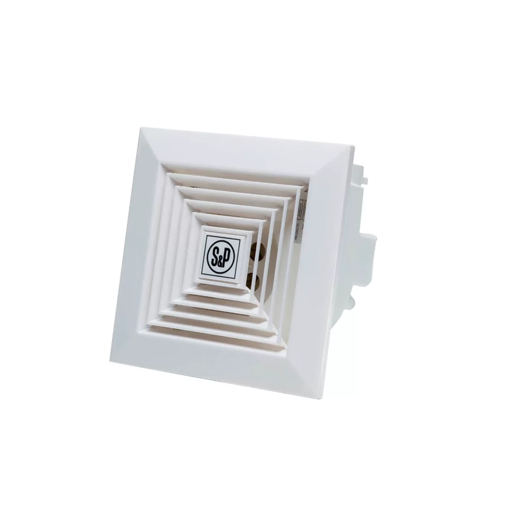 Un ventilador de techo cuadrado blanco con un logo sobre un fondo blanco.