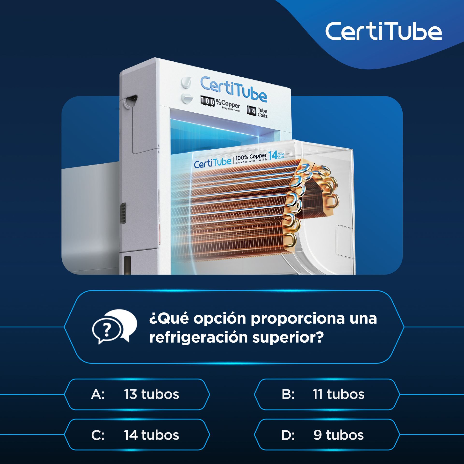 Imagen de un cuestionario de Certitube donde pregunta ¿Qué opción proporciona una refrigeración superior?