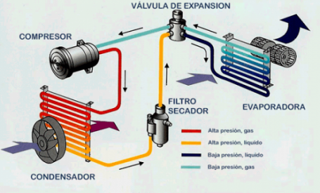 Ciclo de refrigeración y sus componentes: Condensador, Compresor, Válvula de Expansión, Evaporador y Filtro Deshidratador