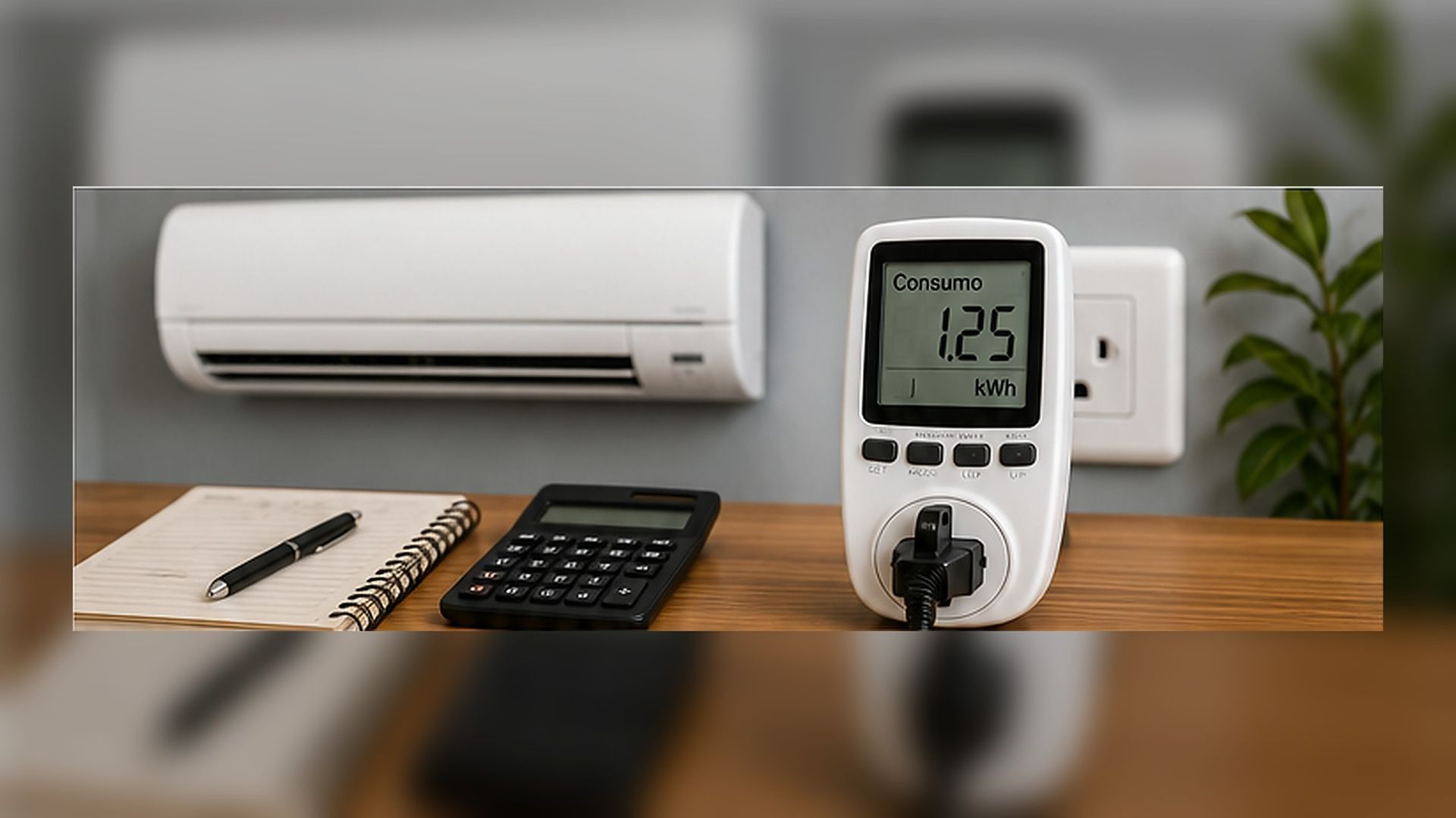 Minisplit, wattímetro y calculadora utilizados para estimar el consumo de energía del aire acondicio