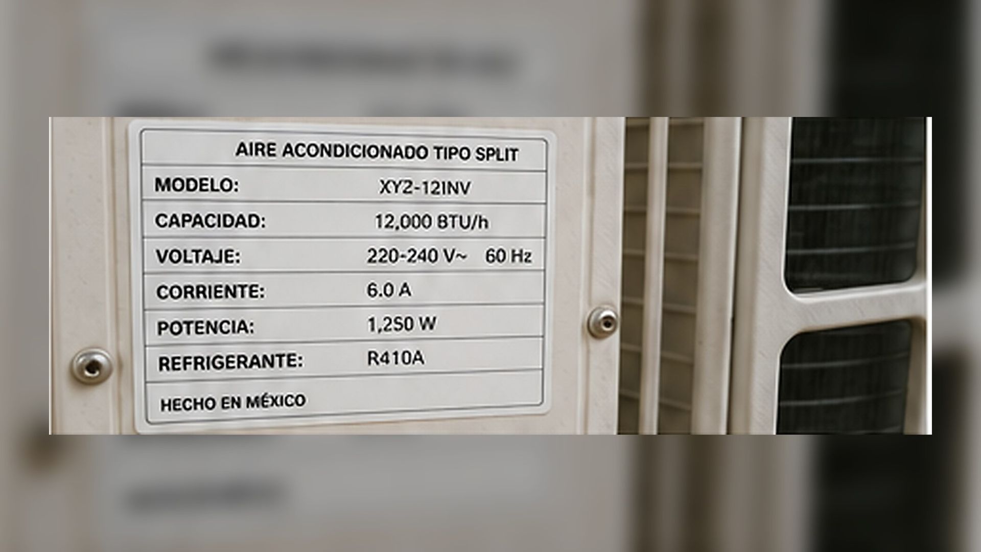 Placa genérica de un minisplit con potencia, voltaje, corriente y capacidad, datos necesarios para calcular su consumo eléctrico.