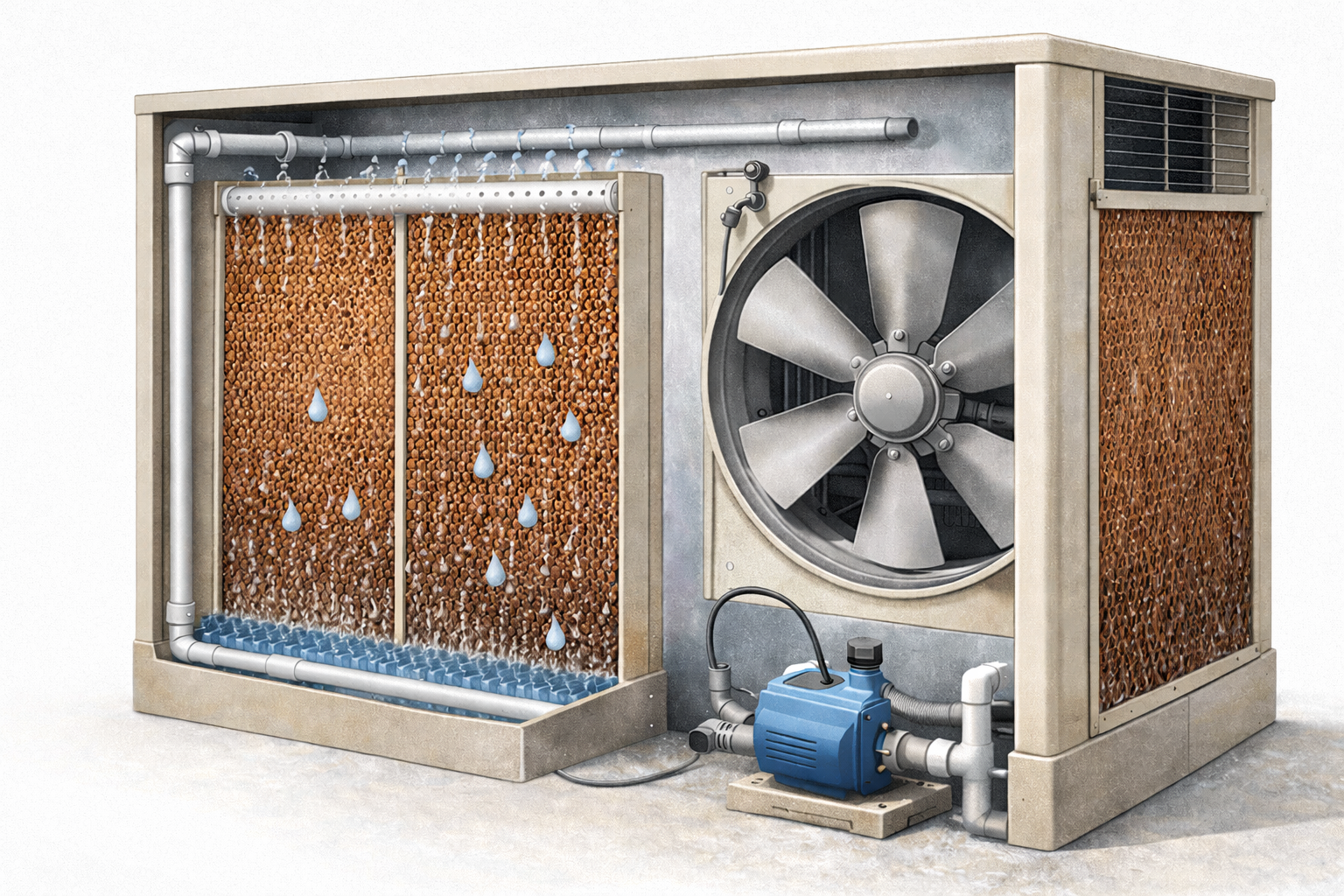 Ilustración detallada de un sistema de aire lavado mostrando paneles evaporativos tipo panal, bomba de agua, tuberías de distribución y ventilador axial, componentes clave del enfriamiento evaporativo en HVAC.