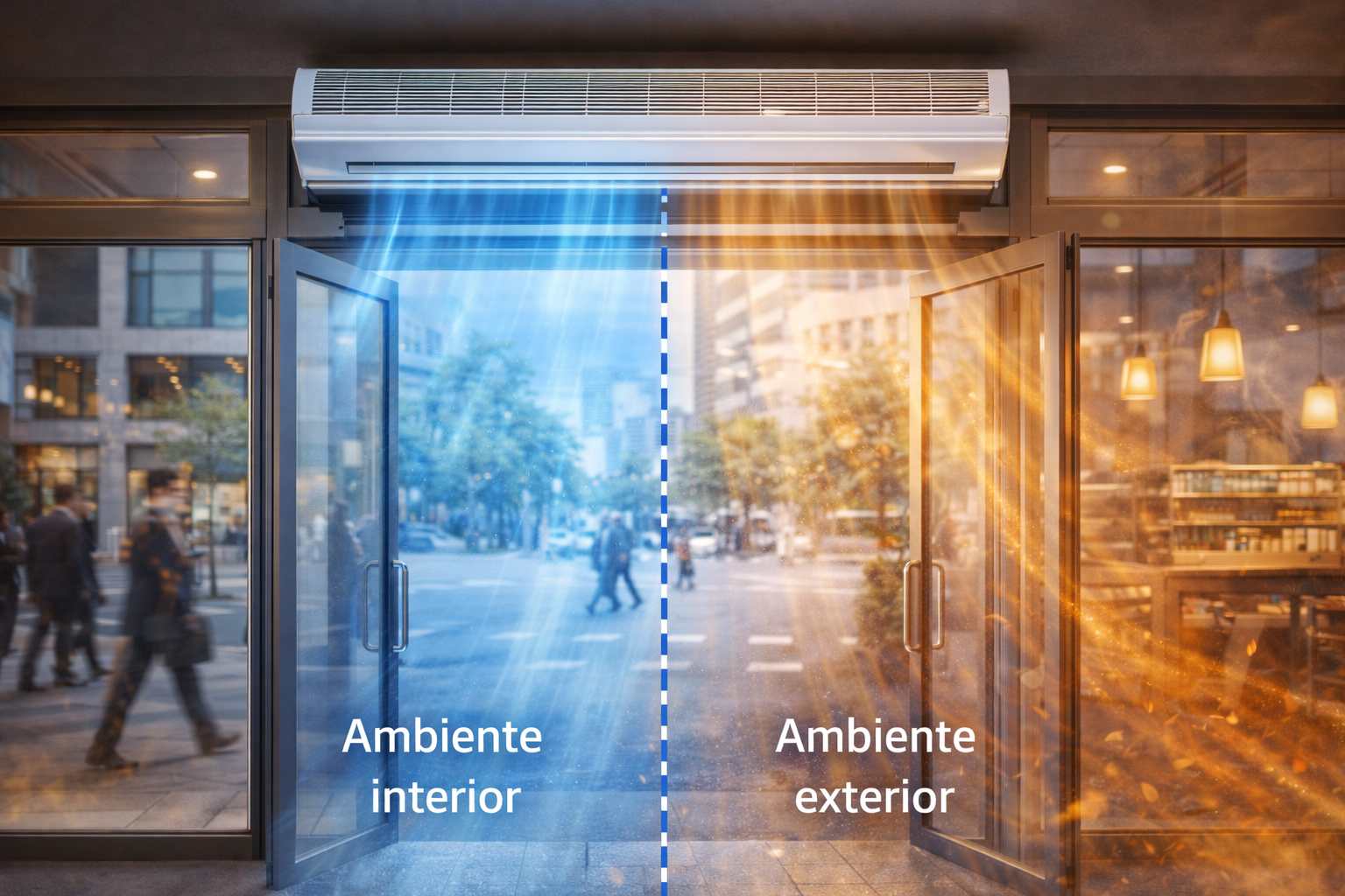 Cortina de aire instalada sobre una puerta comercial abierta, mostrando la separación entre ambiente interior y exterior mediante una barrera de aire que ayuda a reducir infiltración, conservar climatización y mejorar el confort en accesos de alto tránsito.