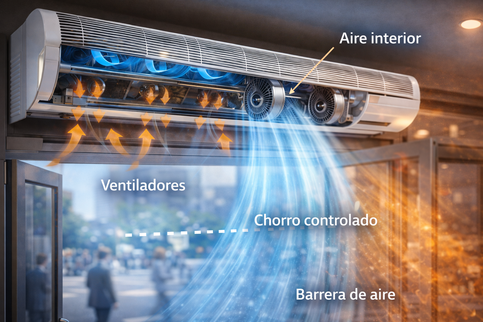 Ilustración técnica de una cortina de aire mostrando su funcionamiento interno, ventiladores y chorro controlado, explicando cómo crea una barrera de aire para separar ambientes y reducir la entrada de calor, polvo e insectos en accesos comerciales.