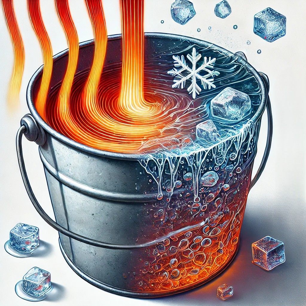 Una cubeta llena de agua en proceso de enfriamiento, con el agua perdiendo calor y comenzando a congelarse en una sección