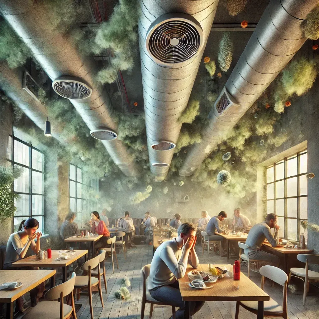 La imagen muestra un restaurante moderno con un ambiente cargado de aire contaminado y partículas visibles, como polvo y esporas de moho. Los conductos de ventilación emiten una neblina tóxica verdosa, y los comensales se ven incómodos, tosiendo y frotándose los ojos. La escena utiliza una paleta de colores apagados, con tonos grises y verdes que enfatizan la sensación de malestar y falta de salubridad en el lugar.