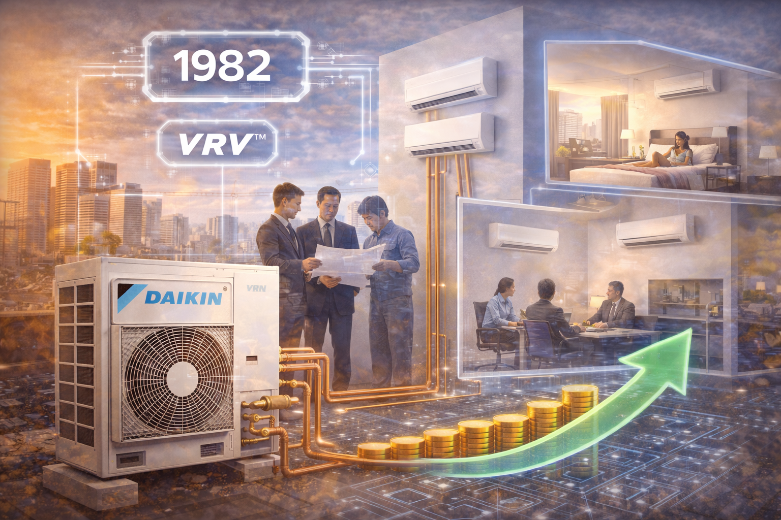 Ilustración del origen del sistema VRV/VRF en aplicaciones comerciales, mostrando unidades interiores y exteriores conectadas a múltiples zonas, reflejando el inicio de una tecnología que transformó la climatización eficiente de edificios.