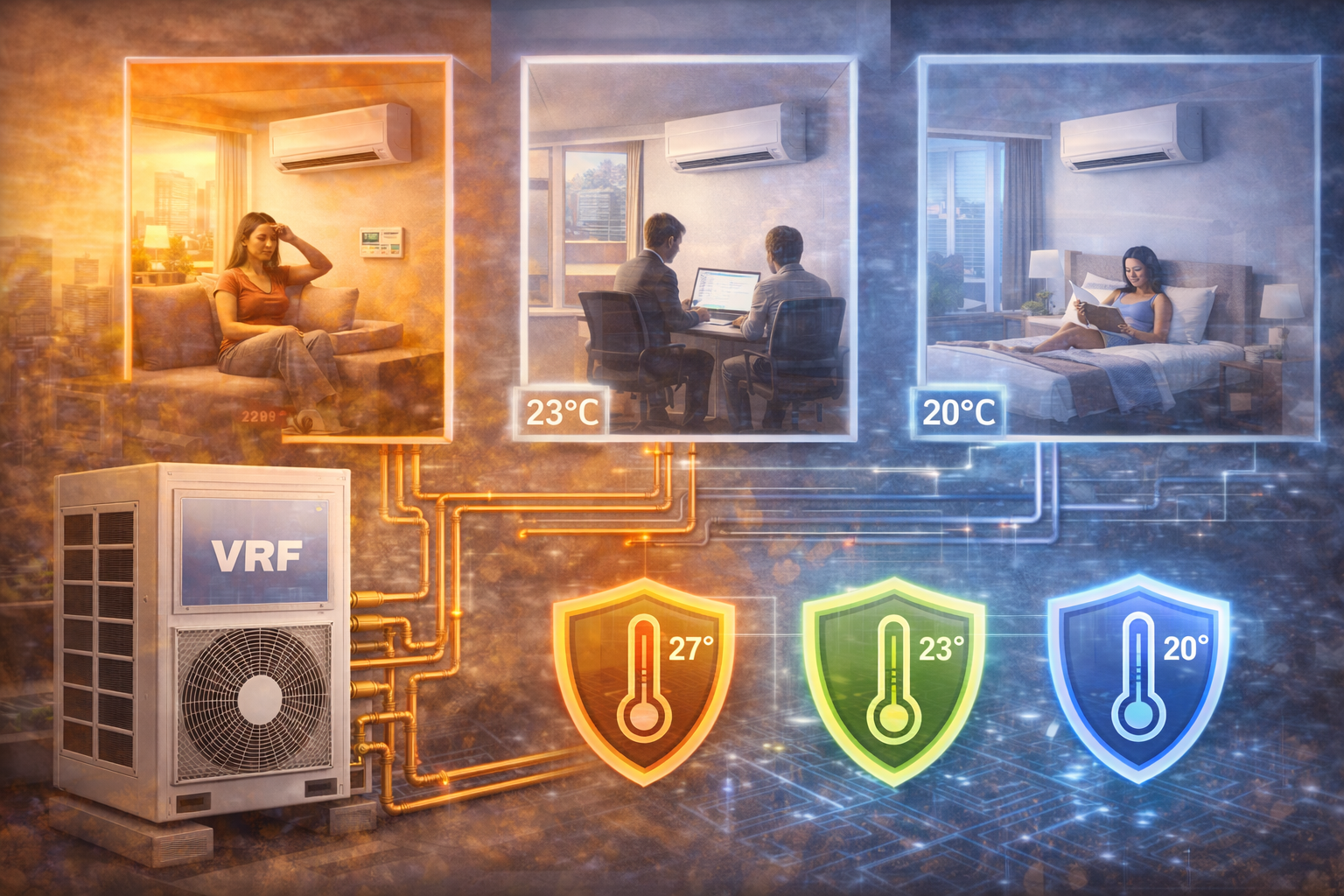 Sistema VRF alimentando varias zonas interiores con diferentes temperaturas de confort, mostrando cómo esta tecnología permite climatización independiente, ahorro energético y control preciso en edificios comerciales y residenciales.