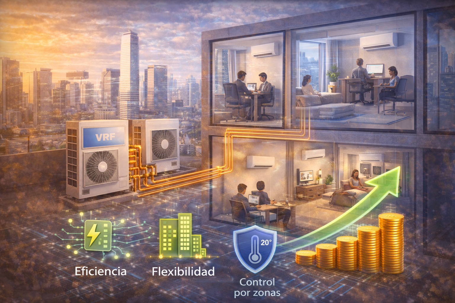 Edificio moderno con sistema VRF alimentando múltiples espacios interiores, mostrando la eficiencia energética, la flexibilidad de instalación y el control por zonas que hicieron de esta tecnología una solución clave en HVAC comercial.