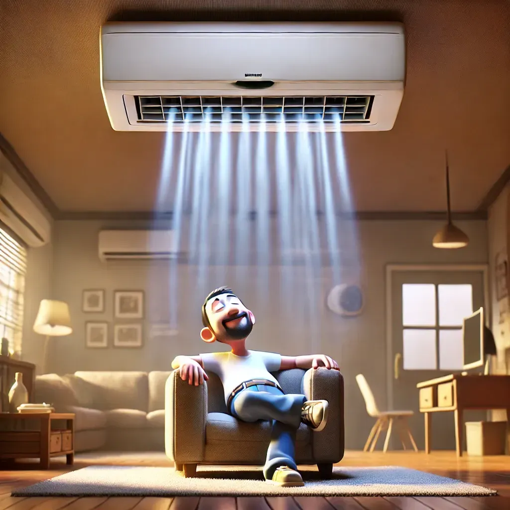Un hombre disfrutando de la comodidad del aire acondicionado en su casa.