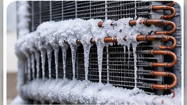 Serpentín de aire acondicionado cubierto de hielo, señal compatible con bajo refrigerante o flujo de aire insuficiente.