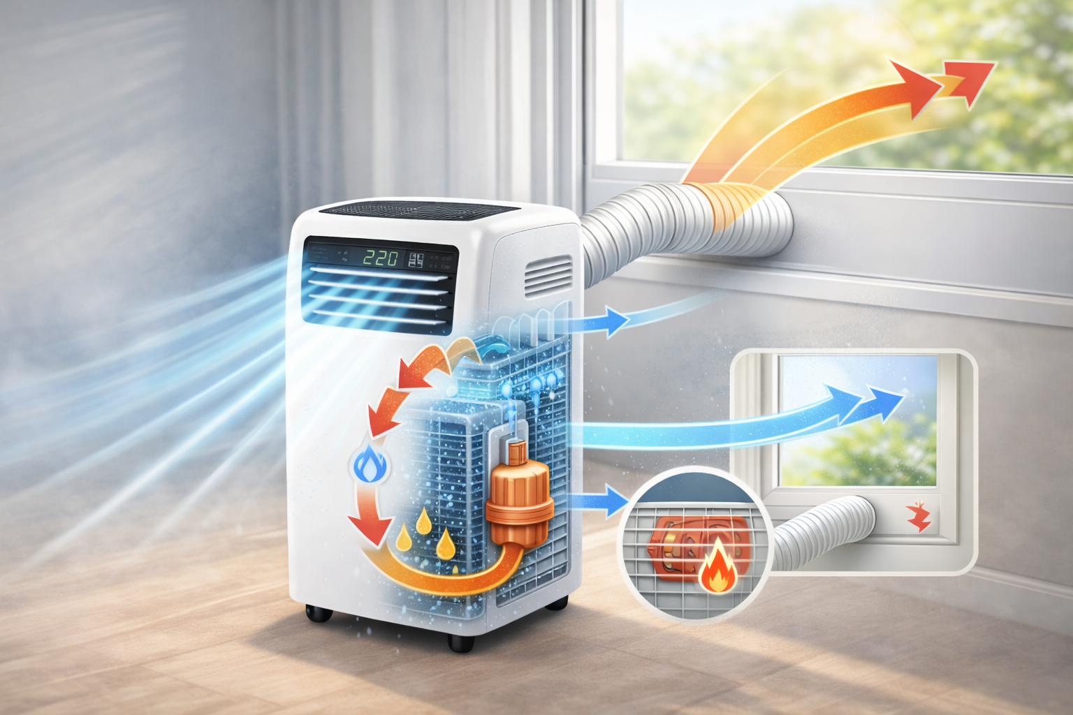 Ilustración del funcionamiento de una unidad portátil de aire acondicionado, mostrando la entrada de aire caliente, el proceso de enfriamiento interno y la expulsión del calor al exterior mediante un ducto flexible hacia la ventana.
