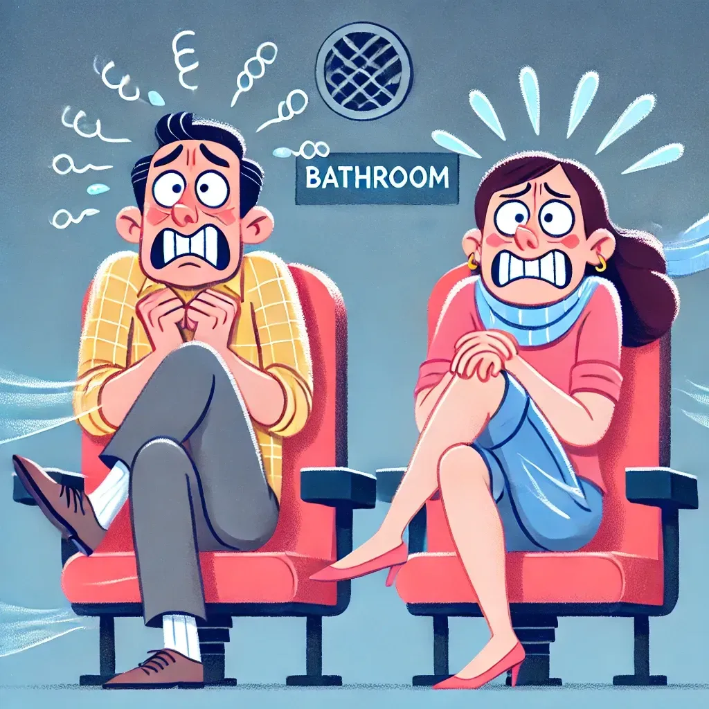 Un hombre y una mujer en el cine, cruzando sus piernas con expresiones de incomodidad debido al frío, y detalles humorísticos como gotas de sudor y burbujas de pensamiento.