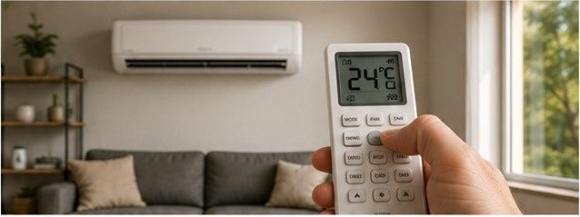 Control remoto de un minisplit ajustado a 24 °C en una sala