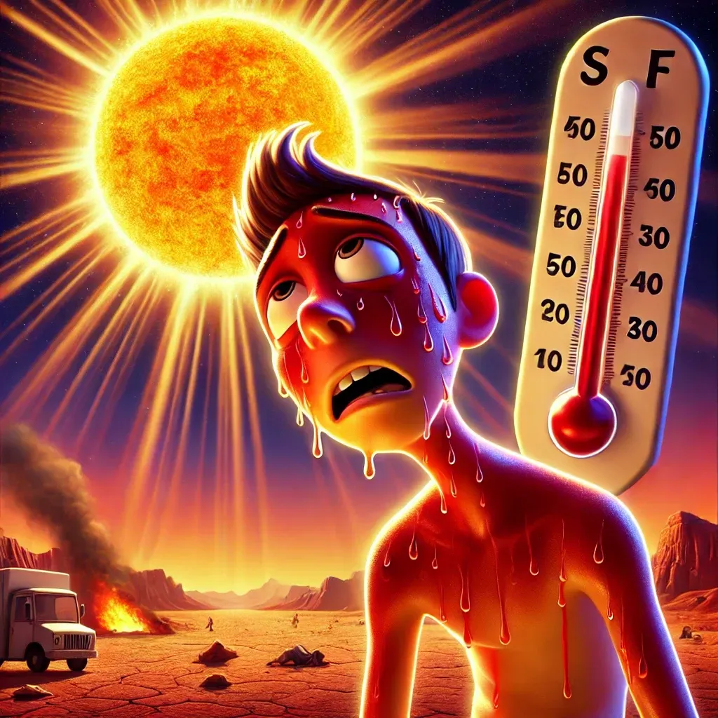 Una persona bajo un sol intenso, experimentando agotamiento y malestar debido al calor extremo.