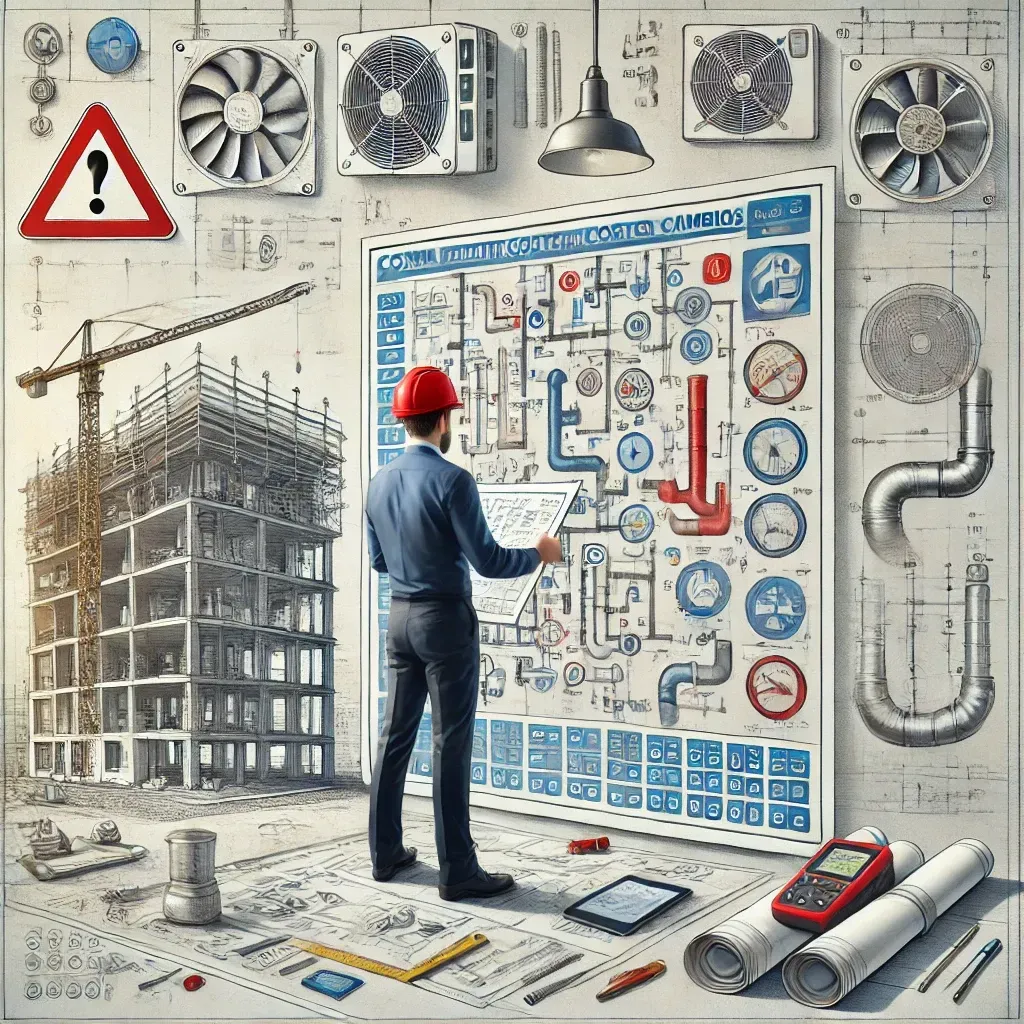 un arquitecto o ingeniero, planos, elementos de HVAC, y señales de advertencia, todo en un contexto de proyecto de construcción
