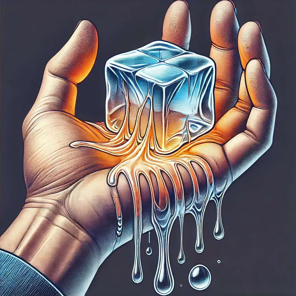Mano sosteniendo un cubo de hielo derritiéndose, con el proceso de transferencia de calor visible