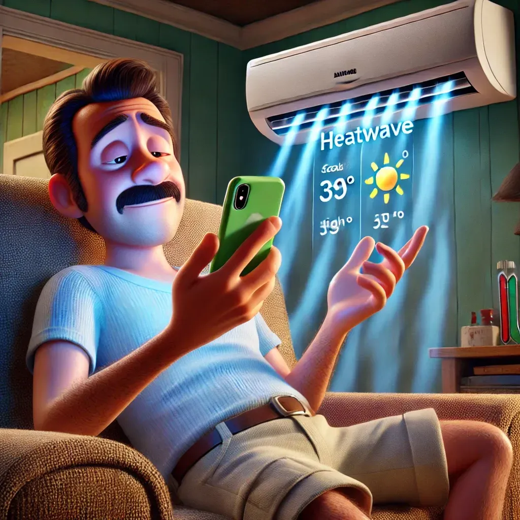 Hombre viendo en su celular el pronóstico del clima, que muestra la llegada de una ola de calor.