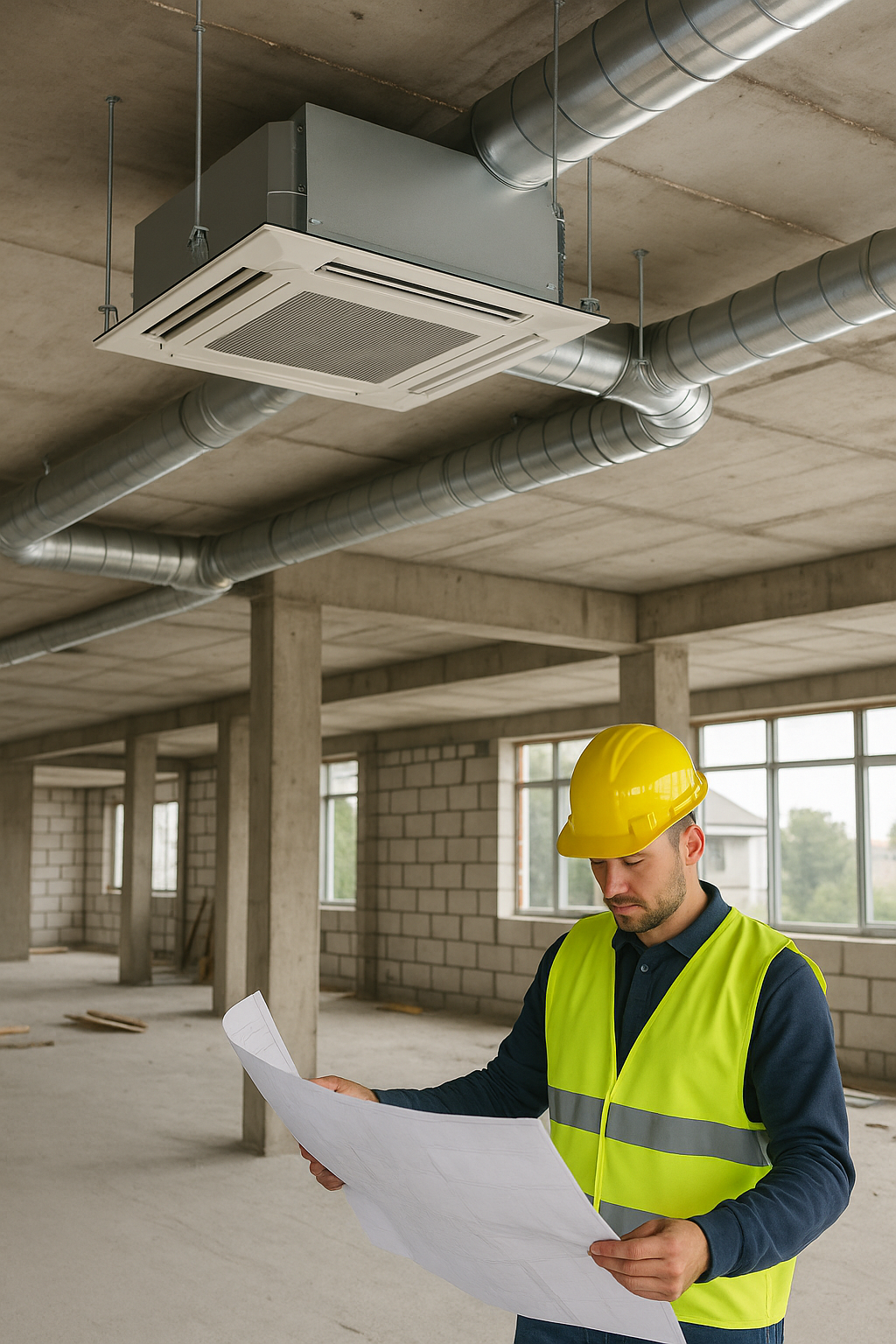 Ingeniero revisando planos HVAC en obra comercial con ductería expuesta y unidad cassette instalada en el techo, mostrando el proceso de diseño y verificación de sistemas de ventilación y aire acondicionado.