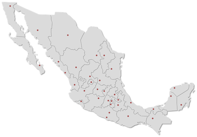 Un mapa de México con puntos rojos.