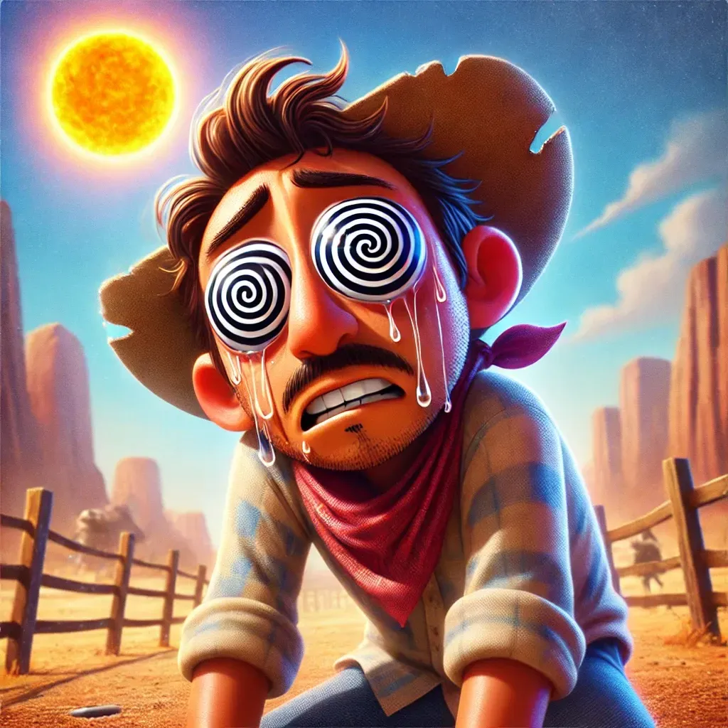 Un hombre afuera en el calor extremo, mostrando signos de incomodidad con ojos en espiral para indicar que se siente mareado o afectado por el calor.