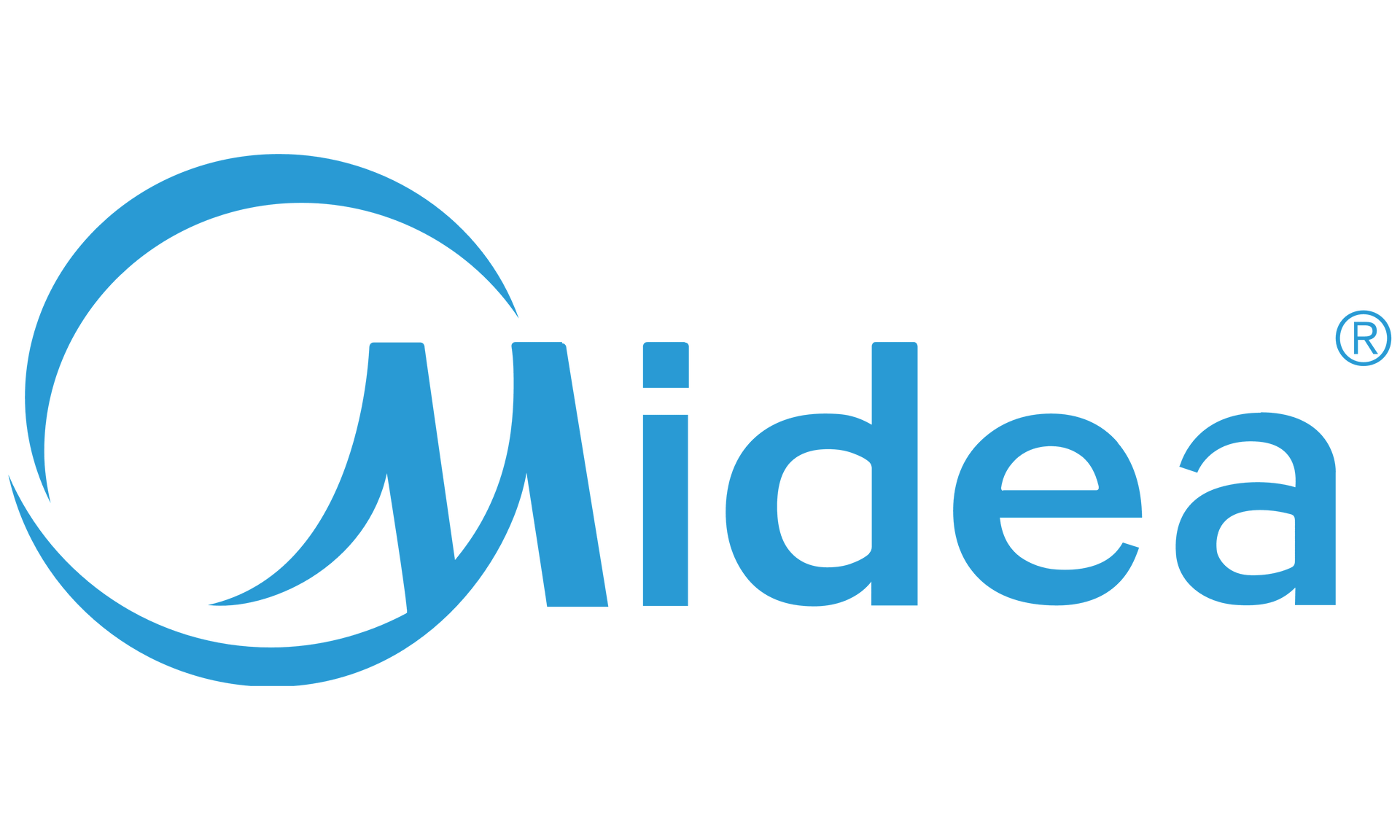 El logo de midea es azul y blanco sobre un fondo blanco.