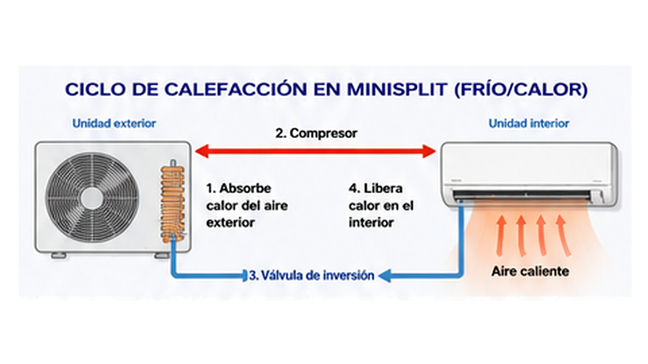 Ciclo de bomba de calor en un minisplit, con unidad exterior, compresor, válvula de inversión y suministro de aire caliente.